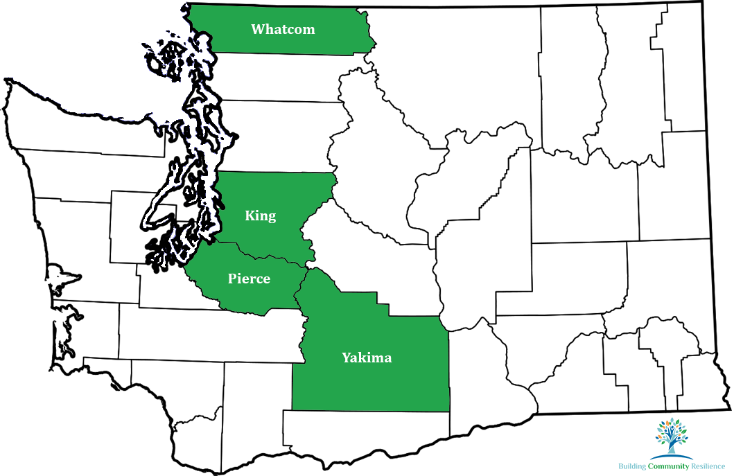Washington State outline with counties outlined, and the counties of Whatcom, King, Pierce, and Yakima specifically called out in green.