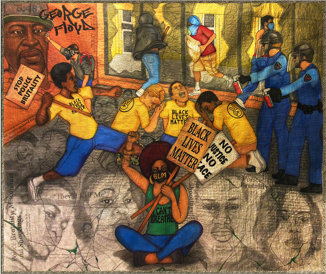 Cracked Justice: Quilt by Carolyn Crump of Houston, TX Quilted panel: african american protestors being attacked by white police officers