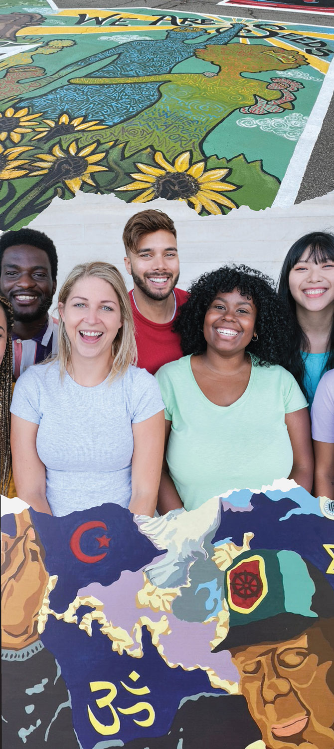 Community mural intersected by photo of multiracial group of adults
