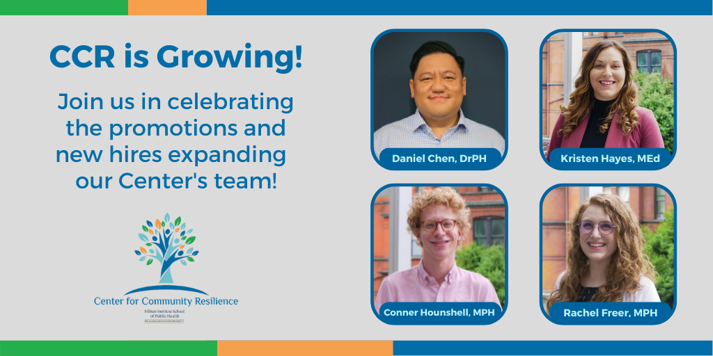 Image of four CCR staffers, Daniel Chen, Kristen Hayes, Conner Hounshell, and Rachel Freer, next to text that reads CCR is growing! Join us in celebrating the promotions and new hires expanding our ea