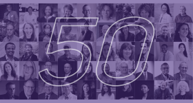 purple graphic with 50 faces of changemakers