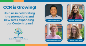 Image of four CCR staffers, Daniel Chen, Kristen Hayes, Conner Hounshell, and Rachel Freer, next to text that reads CCR is growing! Join us in celebrating the promotions and new hires expanding our ea